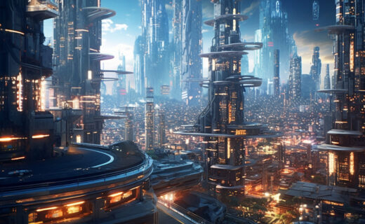 Futuristic city at night with skyscrapers and high rise buildings